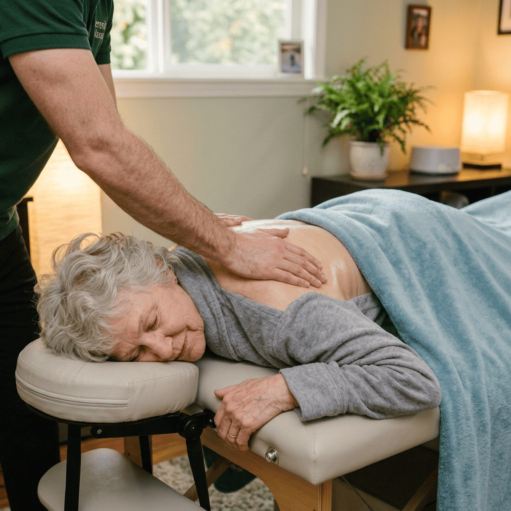 Massage therapist providing back treatment to client on a massage table